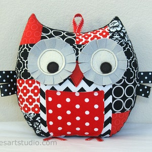 Owl Pillow, Patchwork Owl, Tooth Fairy Pillow, Owl Plush, Suffed Animal, Great Gift for Baby Shower, Black White Red image 1