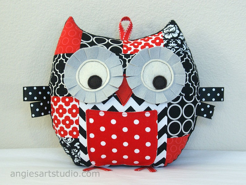 Owl Pillow, Patchwork Owl, Tooth Fairy Pillow, Owl Plush, Suffed Animal, Great Gift for Baby Shower, Black White Red image 1