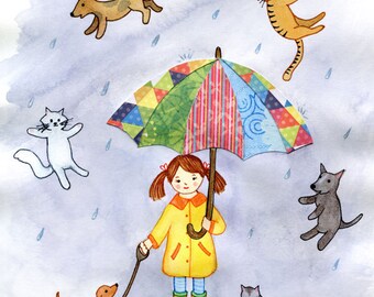 It's Raining Cats and Dogs, Nursery Wall Art Print,  8x10 and 11x14