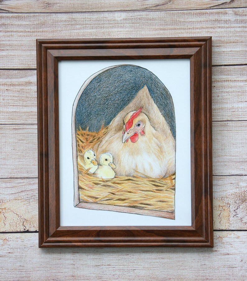 Foster Mother Hen with her Ducklings, Farm Animal Drawing, Nursery Wall Art Print, Print Sizes 8x10, 11x14 image 2