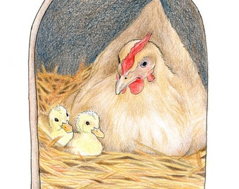 Foster Mother Hen with her Ducklings, Farm Animal Drawing, Nursery Wall Art Print, Print Sizes 8x10, 11x14