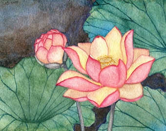 Lotus No. 3, Lotus Flowers Watercolor Painting, Fine Art Print, Wall Art