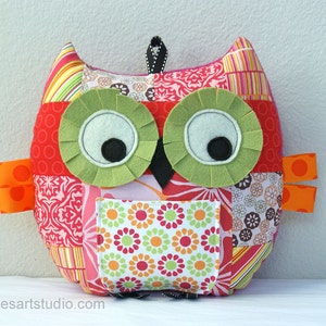 Owl Pillow, Tooth Fairy Pillow, Owl Plush Toy, Patchwork Owl, Stuffed Animal, Orange, Green and Pink image 1