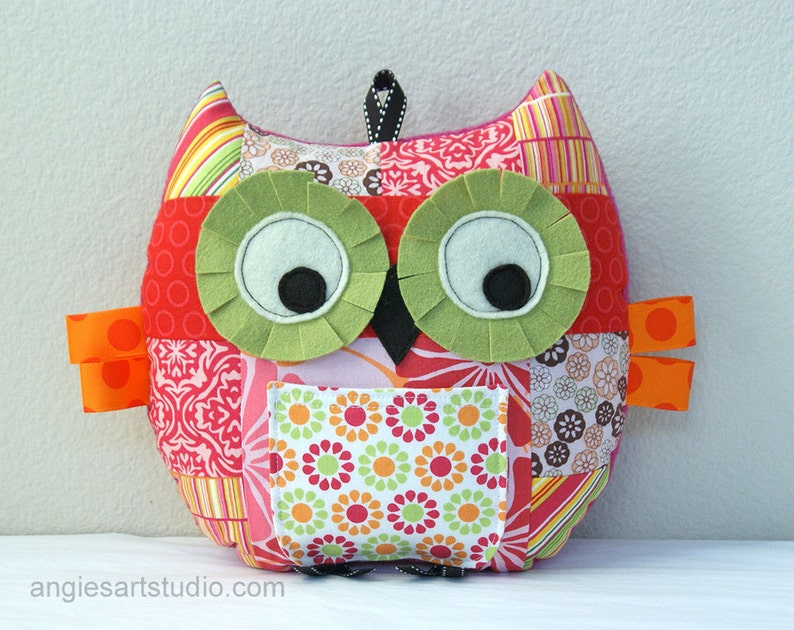 Owl Pillow, Tooth Fairy Pillow, Owl Plush Toy, Patchwork Owl, Stuffed Animal, Orange, Green and Pink image 1