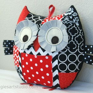 Owl Pillow, Patchwork Owl, Tooth Fairy Pillow, Owl Plush, Suffed Animal, Great Gift for Baby Shower, Black White Red image 2