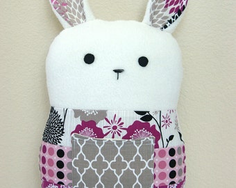 Patchwork Bunny, Tooth Fairy Pillow, Stuffed Animal, Rabbit Plushie, Stuffed Toy, Great Baby Girl Gift, Fuchsia and Gray