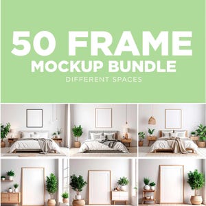 Puede incluir: Un paquete de maquetas con 50 marcos en varios espacios interiores. La imagen muestra dormitorios y salones, cada uno con un marco en blanco para mostrar obras de arte o diseños. El texto en la imagen dice "50 FRAME MOCKUP BUNDLE DIFFERENT SPACES."
