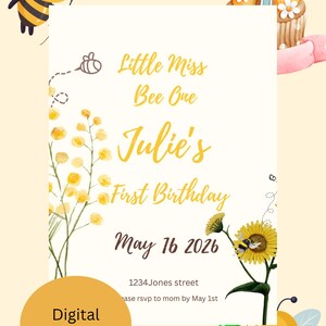 Editable Bee Theme 1st Birthday Invitation – Honey Bee Party, Instant Canva Download