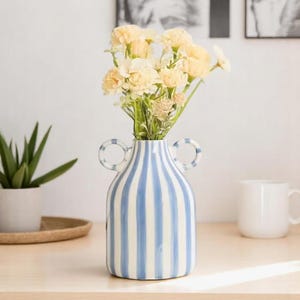 Striped Ceramic Vase with Handles, Modern Nordic Home Decor, Unique Flower Pot in 5 Colors, Minimalist Shelf or Table Accent
