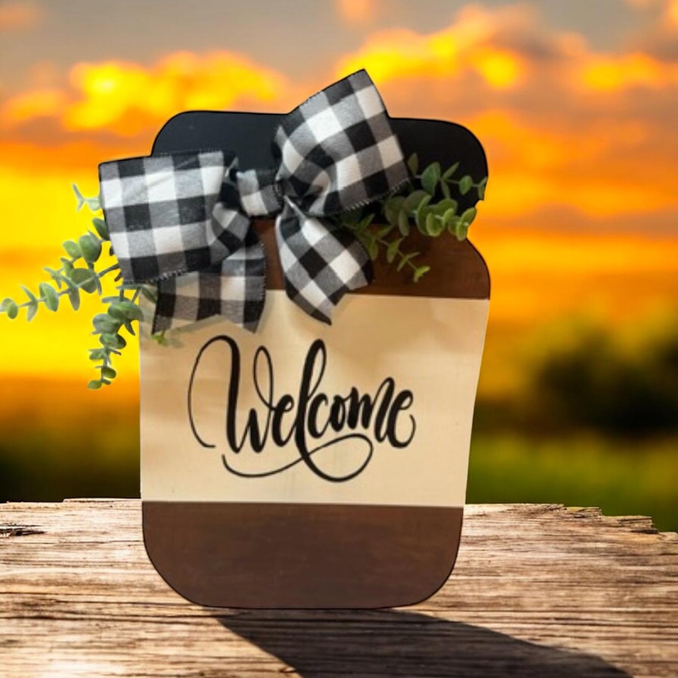 Wooden Mason Jar Sign with “Welcome” and Buffalo Plaid Bow – Farmhouse Door Hanger, Rustic Home Decor