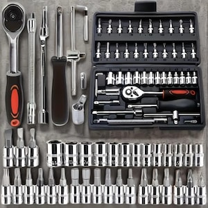 May include: A comprehensive mechanic's tool set, featuring a variety of sockets, ratchets, and bits. The set includes a ratchet wrench with a black and red handle, along with various extension bars and screwdriver bits. The tools are arranged on a gray surface.