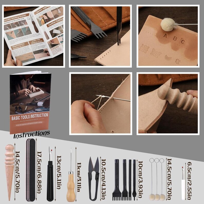 May include: A leather crafting tool kit with various tools, including a wooden handle, scissors, and needles. The kit includes a booklet with instructions. The tools range in size, with the longest measuring 17.5cm/6.88in and the shortest 6.5cm/2.55in.