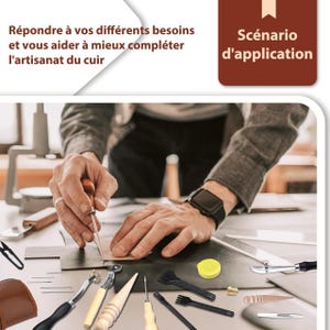 May include: A person working with leather, using various tools. The image includes text in French. Tools include a stitching groover, edge creaser, and various punches. The text reads "R&eacute;pondre &agrave; vos diff&eacute;rents besoins et vous aider &agrave; mieux compl&eacute;ter l'artisanat du cuir."