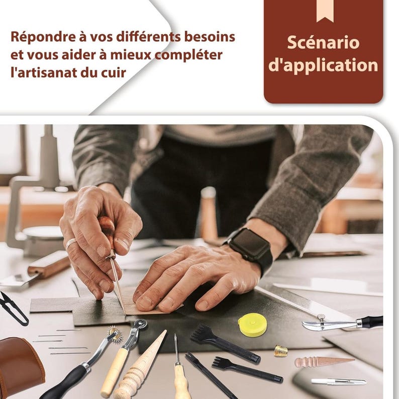 May include: A person working with leather, using various tools. The image includes text in French. Tools include a stitching groover, edge creaser, and various punches. The text reads "R&eacute;pondre &agrave; vos diff&eacute;rents besoins et vous aider &agrave; mieux compl&eacute;ter l'artisanat du cuir."