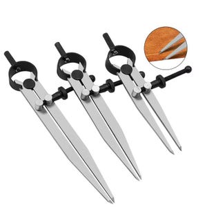 May include: Three metal dividers with black handles and adjustment screws. The dividers have long, pointed legs and are designed for precise measurements. A close-up shows the dividers in use on leather, creating parallel lines.