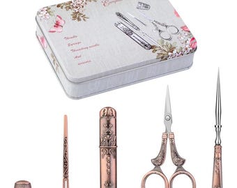 Zestaw nożyczek do szycia w stylu vintage: Zestaw narzędzi krawieckich w stylu retro z etui na szydło i igłę