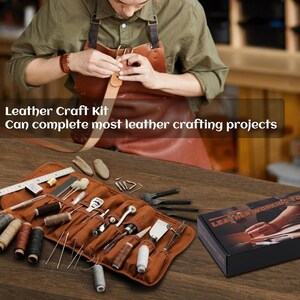 May include: A leather craft kit with various tools, including needles, thread, and a ruler, displayed on a wooden surface. The kit is in a brown roll-up case. The text on the image reads: "Leather Craft Kit. Can complete most leather crafting projects."