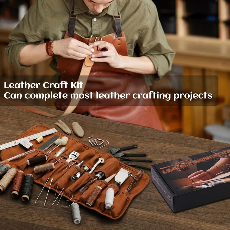 May include: A leather craft kit with various tools, including needles, thread, and a ruler, displayed on a wooden surface. The kit is in a brown roll-up case. The text on the image reads: "Leather Craft Kit. Can complete most leather crafting projects."