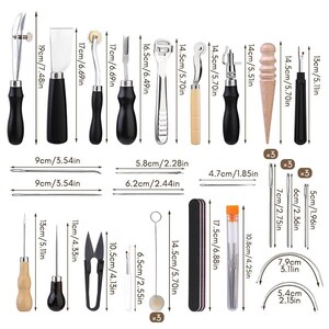 May include: A comprehensive leather crafting tool set, featuring various cutting, shaping, and stitching tools. Includes a swivel knife, edge bevelers, needles, and a burnishing tool. Measurements are provided in inches and centimeters.