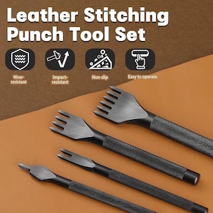 May include: A leather stitching punch tool set with four black tools. The tools have textured handles and various pronged and pointed ends. The image includes text that reads "Leather Stitching Punch Tool Set", and icons indicating wear-resistant, impact-resistant, non-slip, and easy to operate.