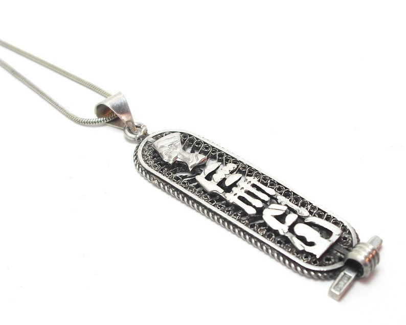 Silver Pendant Necklace. Vintage Mid Century. Nefertiti. Egyptian Revival. Hieroglyphs. 800 Fineness With Sterling 925 Chain image 3