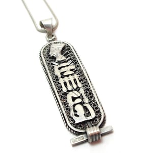 Silver Pendant Necklace. Vintage Mid Century. Nefertiti. Egyptian Revival. Hieroglyphs. 800 Fineness With Sterling 925 Chain image 1