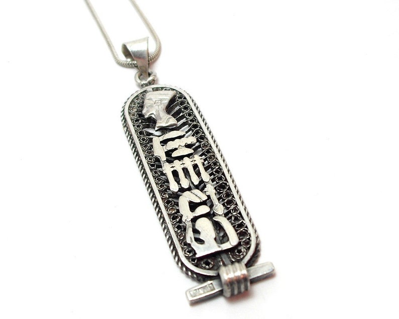 Silver Pendant Necklace. Vintage Mid Century. Nefertiti. Egyptian Revival. Hieroglyphs. 800 Fineness With Sterling 925 Chain image 1