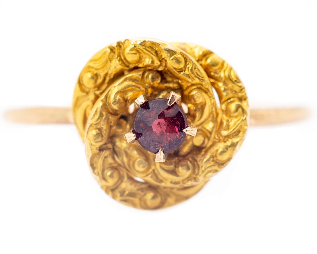 10K Gold Ruby Antique Victorian Love Knot Ring. Valentine Ring.