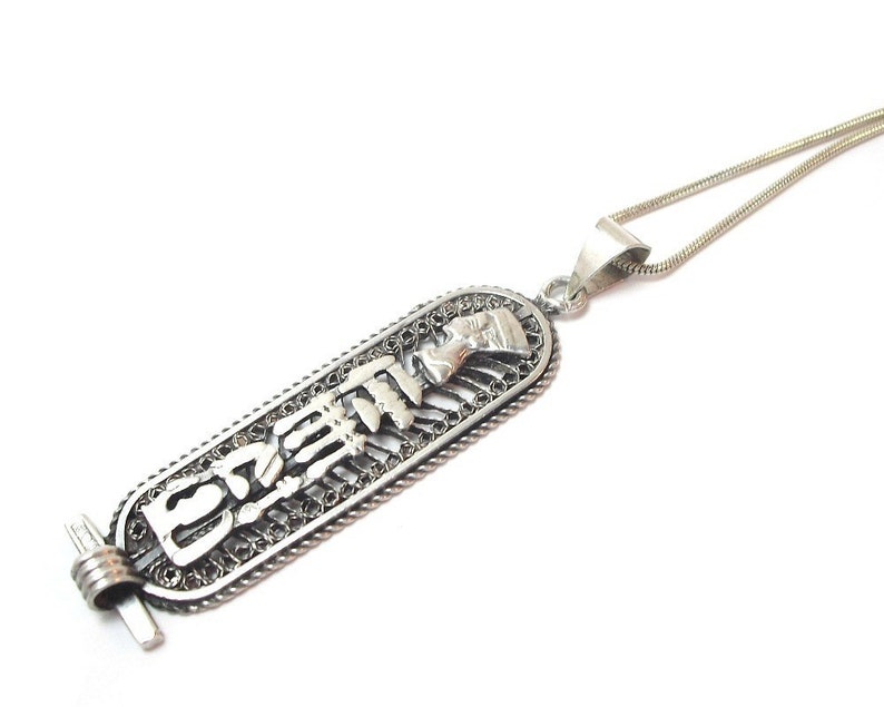 Silver Pendant Necklace. Vintage Mid Century. Nefertiti. Egyptian Revival. Hieroglyphs. 800 Fineness With Sterling 925 Chain image 4