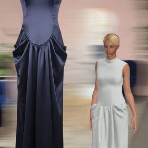 May include: A navy blue satin gown with a high neckline and pleated pockets is displayed on a mannequin. A white gown with a similar design is shown on a mannequin. The dresses are floor-length.