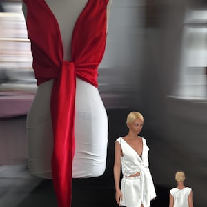 Puede incluir: Un top envolvente rojo atado a la cintura, exhibido en un maniquí. El top se combina con una falda blanca. También se muestran dos ilustraciones de una mujer con un atuendo blanco.