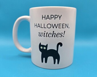 Halloween Mug – “Happy Halloween, Witches!” – Black Cat Coffee Cup, Funny Spooky Gift, Witchy Gothic Drinkware, Autumn Hot Chocolate Mug