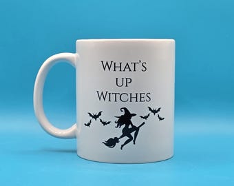 Halloween Mug “What’s Up Witches” Coffee Cup, Funny Witch Gift, Spooky Novelty Mug with Bats, Gothic Witchy Drinkware