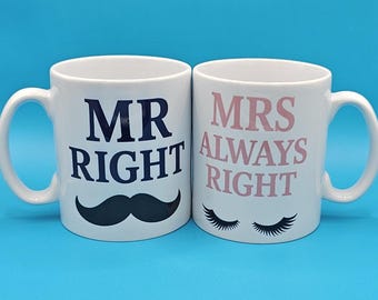Mr Right & Mrs Always Right Mug Set | Funny Couple Mugs | Wedding Gift, Anniversary Present, Engagement Gift for Him and Her