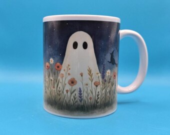 Cute Ghost Mug – Spooky Floral Coffee Cup, Halloween Gift, Cozy Autumn Mug, Whimsical Ghost in Wildflowers, Best Selling Mugs