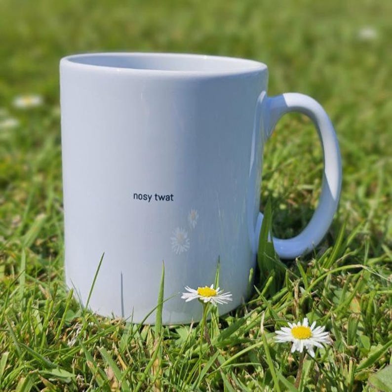 White ceramic mug placed on green grass with daisies, featuring the small black printed text “nosy twat” in a minimalist font. Humorous novelty design, perfect as a cheeky gift or funny coffee mug.