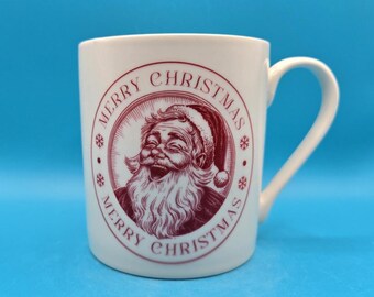 Vintage Santa Christmas Mug Traditional Burgundy Merry Christmas Cup, Retro Festive Coffee & Hot Chocolate Gift, Rustic Cottagecore Holiday
