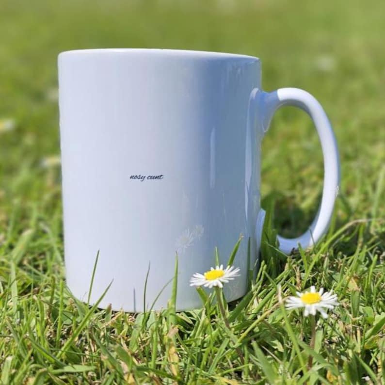Puede incluir: Una taza de cer&aacute;mica blanca con un asa curvada. La taza tiene la frase "nosy cunt" impresa en el lateral en una fuente peque&ntilde;a y oscura. La taza est&aacute; colocada en hierba verde con peque&ntilde;as flores blancas y amarillas.