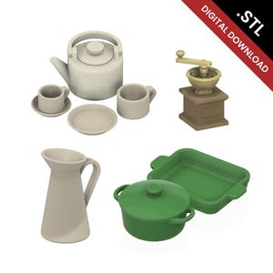 May include: A digital download .STL file set featuring a light grey teapot with two cups and saucers, a brown coffee grinder with a hand crank, a light grey pitcher, and a green lidded pot with a matching rectangular baking dish.