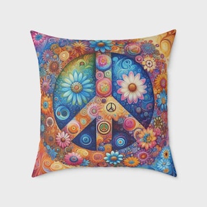 Peace Sign Throw Pillow | Colorful Boho Cushion with Flowers | Hippie Psychedelic Decor for Couch, Bed, or Festival-Themed Rooms