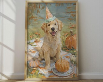 Golden Retriever Geburtstags-Welpe, Kunst: Herbst-Kürbiskuchen Poster