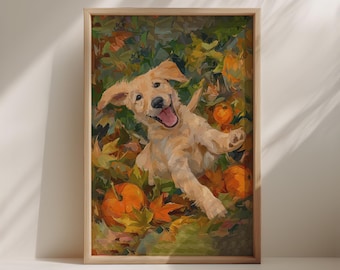 Golden Retriever Herbst Print - Welpe im Herbstlaub, Digitale Hundewandkunst (PNG)