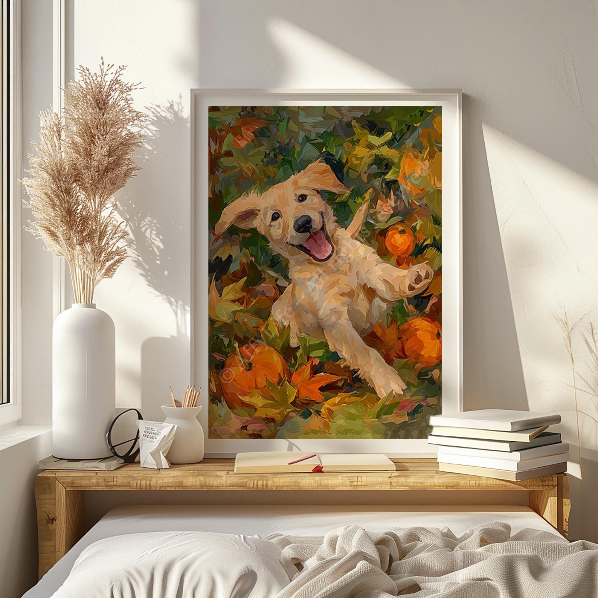 Golden Retriever Puppy Fall Art Print: Cozy Autumn Dog Wall Decor - Etsy