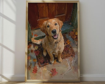 Golden Retriever Welcome Poster – Warm Rustic Puppy Wall Decor Print