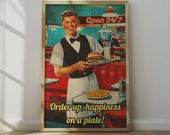 Retro Diner Print: Funny 1950s Waiter, Burger & Fries Kitchen Art