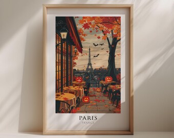 Halloween Paris Print: Eiffel Tower, Cozy Cafe, Autumn Decor (Digital Download)