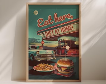Retro Diner Poster: 1950s Americana Kitchen Art - Eat Hier (Digitaler Download PNG)