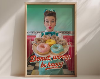 1950s Retro Donut Poster - Verspielte Diner Kellnerin Illustration, Buntes Vintage Kunstwerk, Digital Download