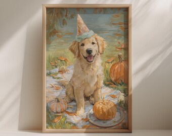 Golden Retriever Birthday Print – Joyful Dog Wall Art in Autumn Colors (Digital Download)