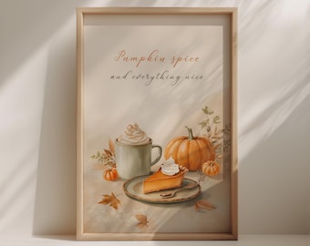 Pumpkin Spice Druck - Cozy Autumn Latte and Pie Aquarell Poster (Digitaler Download)